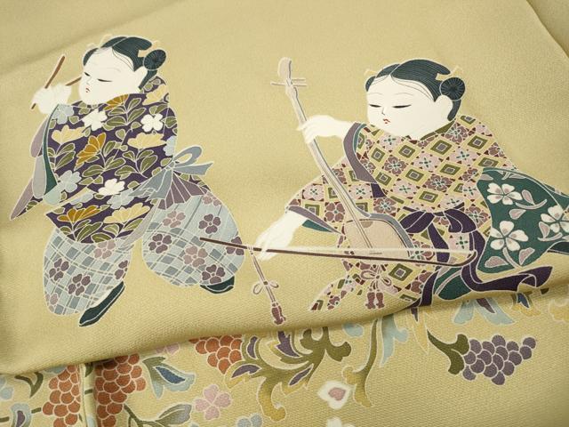 平和屋着物●色留訪問着　友禅　作家物　童子楽器花文　仮絵羽　正絹　逸品　未使用　CABH2528ut