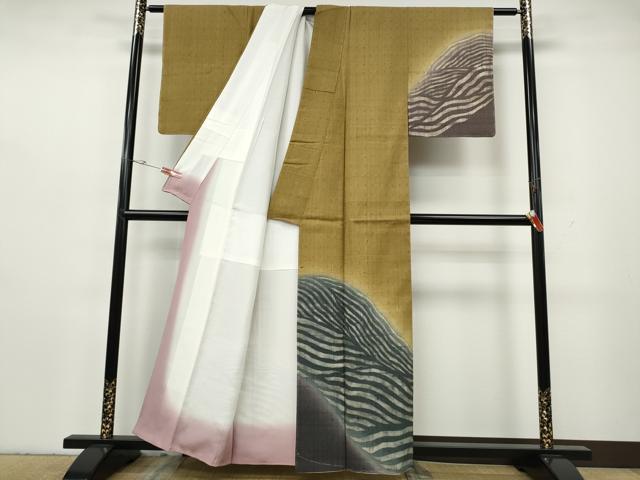 平和屋着物●訪問着　生紬　立波文　暈し染め　金彩　正絹　逸品　未使用　CABH2551ut
