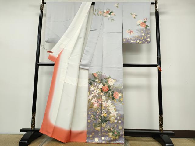 平和屋着物●訪問着　刺繍　草花文　暈し染め　金彩　正絹　逸品　CABH2554ut