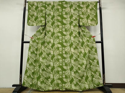 平和屋着物●上質な小紋　型染め　稲　雀　鬼しぼ縮緬　正絹　逸品　CABH2557ut