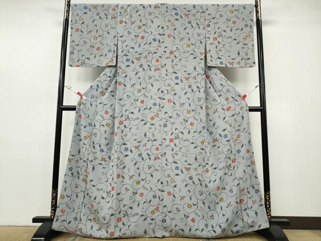 平和屋着物●上質な小紋　型染め　飛鳥花唐草舞蝶文　鬼しぼ縮緬　西武百貨店扱い　正絹　逸品　CABH2563ut