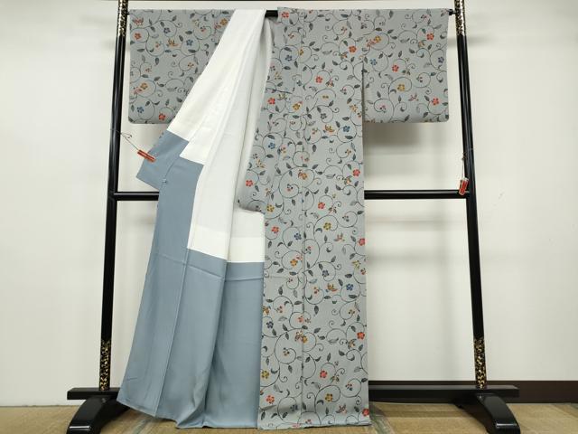 平和屋着物●上質な小紋　型染め　飛鳥花唐草舞蝶文　鬼しぼ縮緬　西武百貨店扱い　正絹　逸品　CABH2563ut