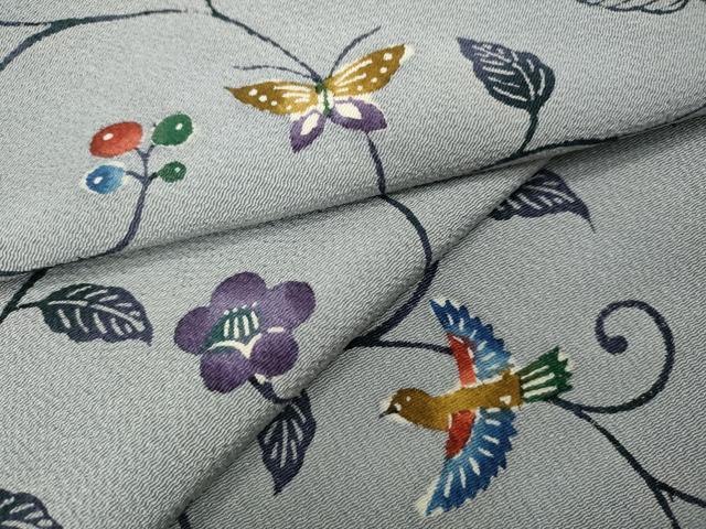 平和屋着物●上質な小紋　型染め　飛鳥花唐草舞蝶文　鬼しぼ縮緬　西武百貨店扱い　正絹　逸品　CABH2563ut