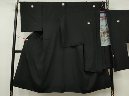 平和屋着物●男性　黒紋付・羽織セット　羽裏：風景人物文　正絹　逸品　CABH2596ut
