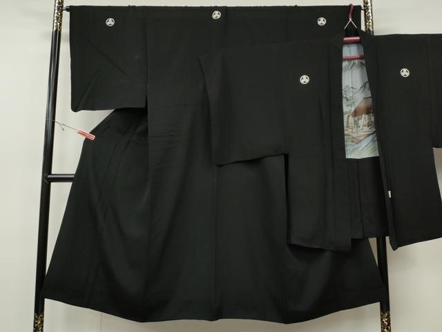 平和屋着物●男性　黒紋付・羽織セット　羽裏：風景人物文　正絹　逸品　CABH2596ut