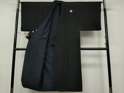 平和屋着物●男性　黒紋付・羽織セット　羽裏：風景人物文　正絹　逸品　CABH2596ut