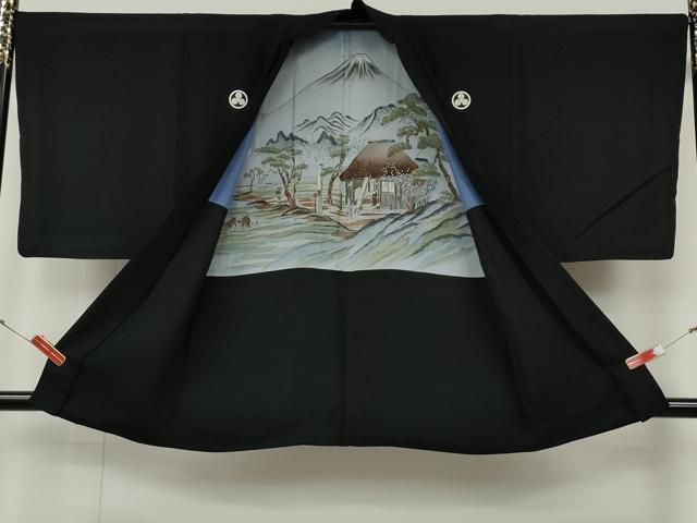 平和屋着物●男性　黒紋付・羽織セット　羽裏：風景人物文　正絹　逸品　CABH2596ut