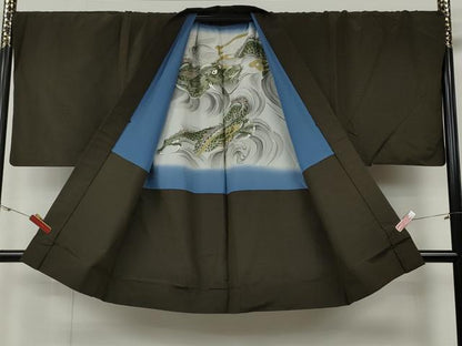 平和屋着物●男性　紬　アンサンブル　涅色　キングサイズ　正絹　逸品　CABH2599ut