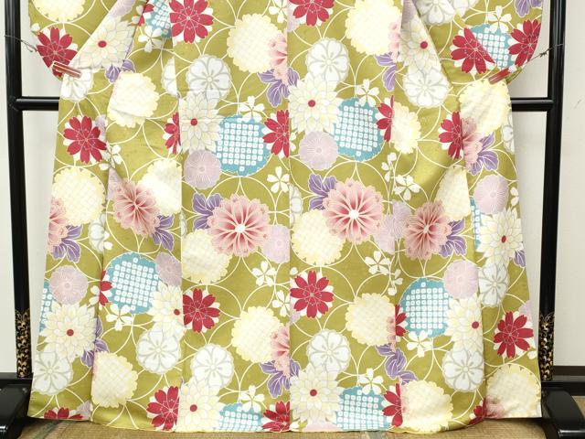 平和屋着物●小振袖　二尺袖　七宝鹿の子花文　洗える着物　未使用　CABH2651ut