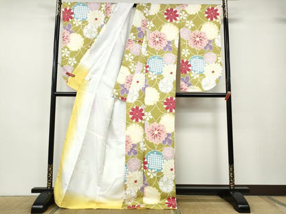 平和屋着物●小振袖　二尺袖　七宝鹿の子花文　洗える着物　未使用　CABH2652ut