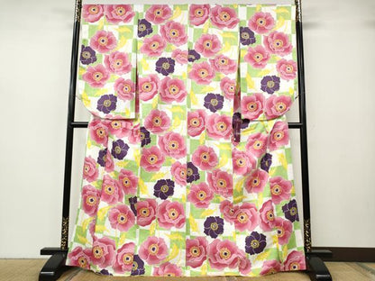 平和屋着物●小振袖　二尺袖　市松舞花文　洗える着物　未使用　CABH2655ut