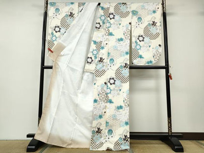 平和屋着物●小振袖　二尺袖　市松麻の葉花丸文　洗える着物　未使用　CABH2670ut