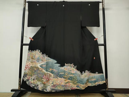 平和屋着物●本加賀友禅作家　寺井英世　黒留袖　立波人物船草花文　正絹　逸品　CABH2695ut
