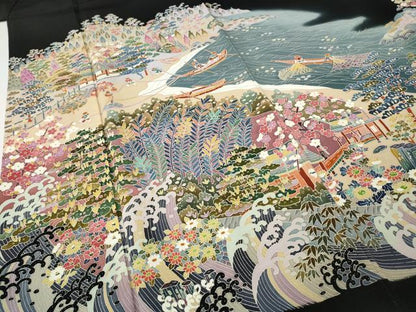 平和屋着物●本加賀友禅作家　寺井英世　黒留袖　立波人物船草花文　正絹　逸品　CABH2695ut
