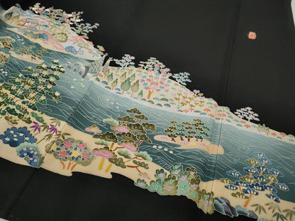 平和屋着物●本加賀友禅作家　寺井英世　黒留袖　立波人物船草花文　正絹　逸品　CABH2695ut