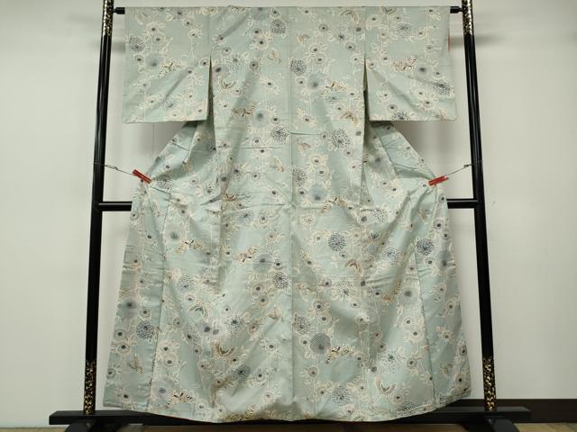 平和屋着物●上質な小紋　紬地　型染め　花蝶文　正絹　逸品　CABH2697ut