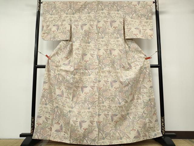 平和屋着物●小千谷紬　流水花蝶文　正絹　逸品　CABH2698ut
