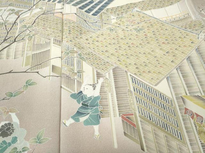 平和屋着物●訪問着　友禅　作家物　童子風景枝花文　暈し染め　正絹　逸品　CABH2700ut