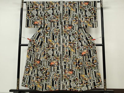 平和屋着物●上質な小紋　飛鶴地紙花文　黒地　金彩　正絹　逸品　CABH2703ut