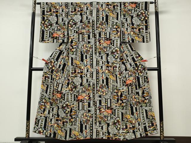 平和屋着物●上質な小紋　飛鶴地紙花文　黒地　金彩　正絹　逸品　CABH2703ut