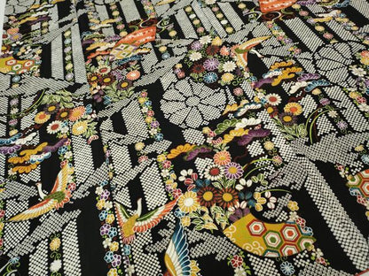平和屋着物●上質な小紋　飛鶴地紙花文　黒地　金彩　正絹　逸品　CABH2703ut