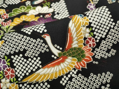 平和屋着物●上質な小紋　飛鶴地紙花文　黒地　金彩　正絹　逸品　CABH2703ut
