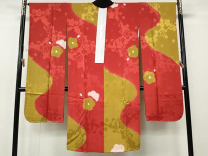 平和屋着物●振袖用長襦袢　袷　絞り　舞梅文　金彩　半衿刺繍　正絹　逸品　CABH2713ut