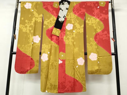 平和屋着物●振袖用長襦袢　袷　絞り　舞梅文　金彩　半衿刺繍　正絹　逸品　CABH2713ut