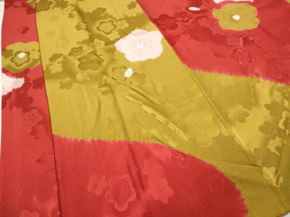平和屋着物●振袖用長襦袢　袷　絞り　舞梅文　金彩　半衿刺繍　正絹　逸品　CABH2713ut