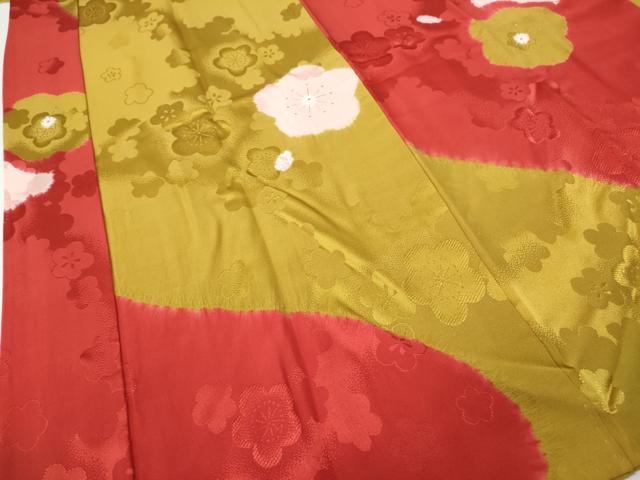 平和屋着物●振袖用長襦袢　袷　絞り　舞梅文　金彩　半衿刺繍　正絹　逸品　CABH2713ut