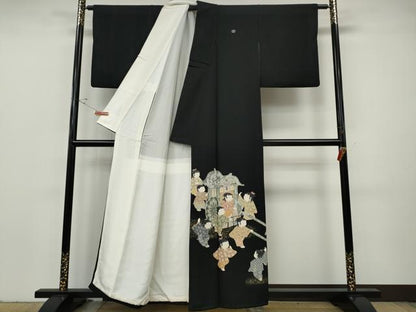 平和屋着物●十日町友禅作家　関口遼一　黒留袖　御所車　童子遊び　金彩　正絹　逸品　CABH2736ut
