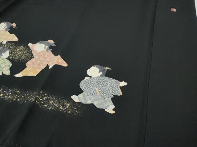 平和屋着物●十日町友禅作家　関口遼一　黒留袖　御所車　童子遊び　金彩　正絹　逸品　CABH2736ut