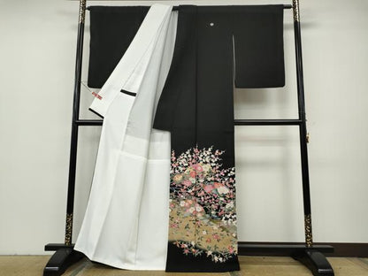 平和屋着物●豪華黒留袖　友禅　作家物　地紙枝花文　正絹　逸品　CABH2737ut