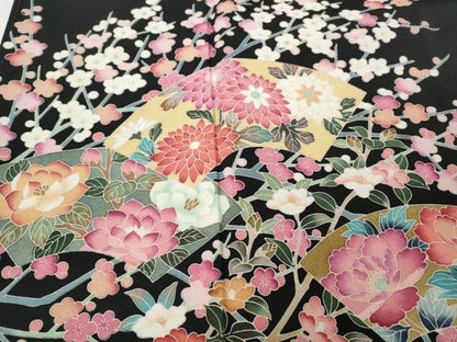 平和屋着物●豪華黒留袖　友禅　作家物　地紙枝花文　正絹　逸品　CABH2737ut