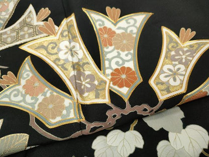 平和屋着物●豪華黒留袖　駒刺繍　吉祥蔦の葉花文　金彩　正絹　逸品　CABH2745ut