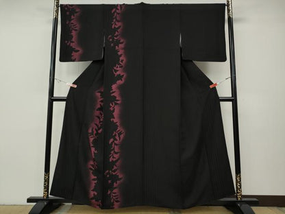 平和屋着物●訪問着　草花シルエット　黒地　正絹　逸品　CABH2762ut