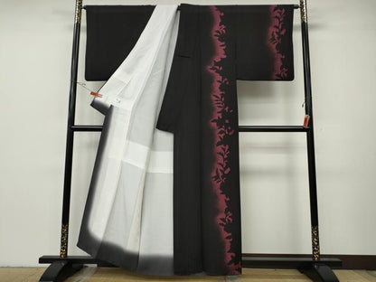 平和屋着物●訪問着　草花シルエット　黒地　正絹　逸品　CABH2762ut