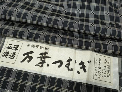 平和屋着物●西陣　手織花結城　万葉つむぎ　格子柄　証紙付き　正絹　逸品　CABH2764ut