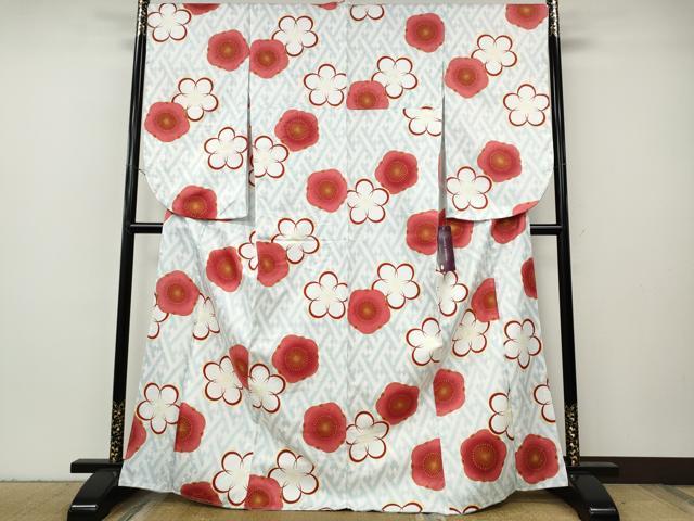 平和屋着物●小振袖　二尺袖　紗綾形舞梅文　洗える着物　未使用　CABH2769ut