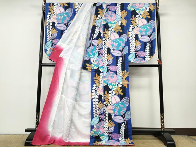 平和屋着物●小振袖　二尺袖　草花間道　洗える着物　未使用　CABH2775ut
