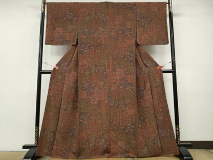 平和屋着物●上質な小紋　切嵌更紗花文　鬼しぼ縮緬　正絹　逸品　CABH2790ut