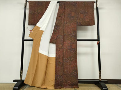 平和屋着物●上質な小紋　切嵌更紗花文　鬼しぼ縮緬　正絹　逸品　CABH2790ut
