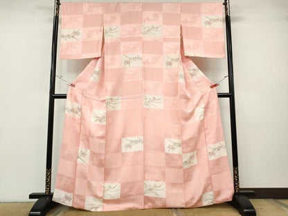 平和屋着物●上質な小紋　杢目絞り　格子草花文　金彩　正絹　逸品　CABH2792ut