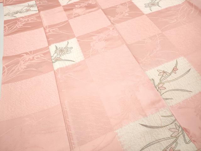 平和屋着物●上質な小紋　杢目絞り　格子草花文　金彩　正絹　逸品　CABH2792ut