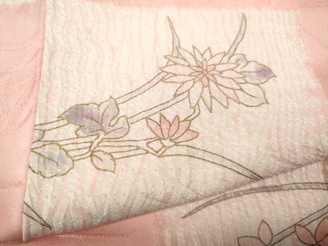 平和屋着物●上質な小紋　杢目絞り　格子草花文　金彩　正絹　逸品　CABH2792ut