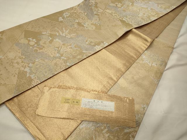 平和屋着物◎六通柄袋帯　飛鶴草花文　金銀糸　反端付き　正絹　逸品　CABH2801oy