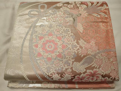 平和屋着物◎六通柄袋帯 唐織 花鳥遊生文 銀糸 正絹 逸品 CABH2809oy