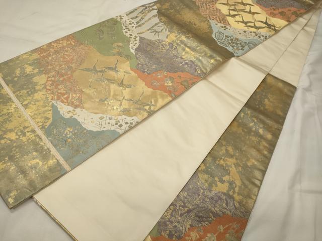 平和屋着物◎西陣 服部織物謹製 六通柄袋帯 こはく錦 手工芸 道長飛鶴花唐草文 金糸 正絹 逸品 CABH2813oy