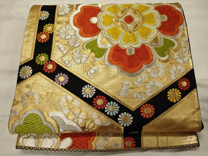 平和屋着物◎六通柄袋帯　唐織　正倉院花文　黒地　金銀糸　正絹　逸品　CABH2823oy