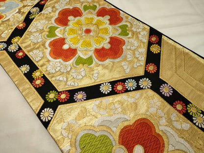 平和屋着物◎六通柄袋帯　唐織　正倉院花文　黒地　金銀糸　正絹　逸品　CABH2823oy